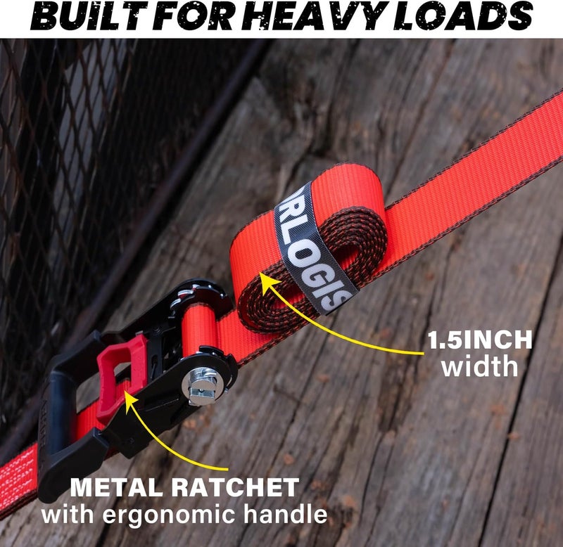 ARMORLOGISTICS Ratchet Straps Heavy Duty (4 Pack) - 5,250 Break Strength Motorcycle Strap Tie Downs with 15ft Soft Loops -1.5in x 8ft Ratchet Tie Down Straps for Motorcycles, Truck, Cargo -Safety S Hook, Storage Bag - Image 4